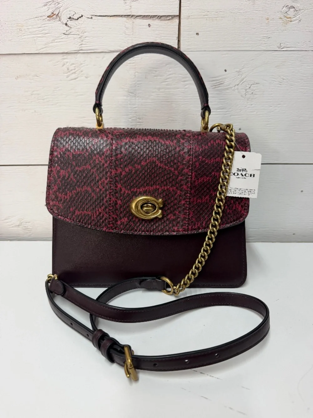 NWT COACH Parker Top Handle In Blocked Snakeskin - Brass/Deep Red